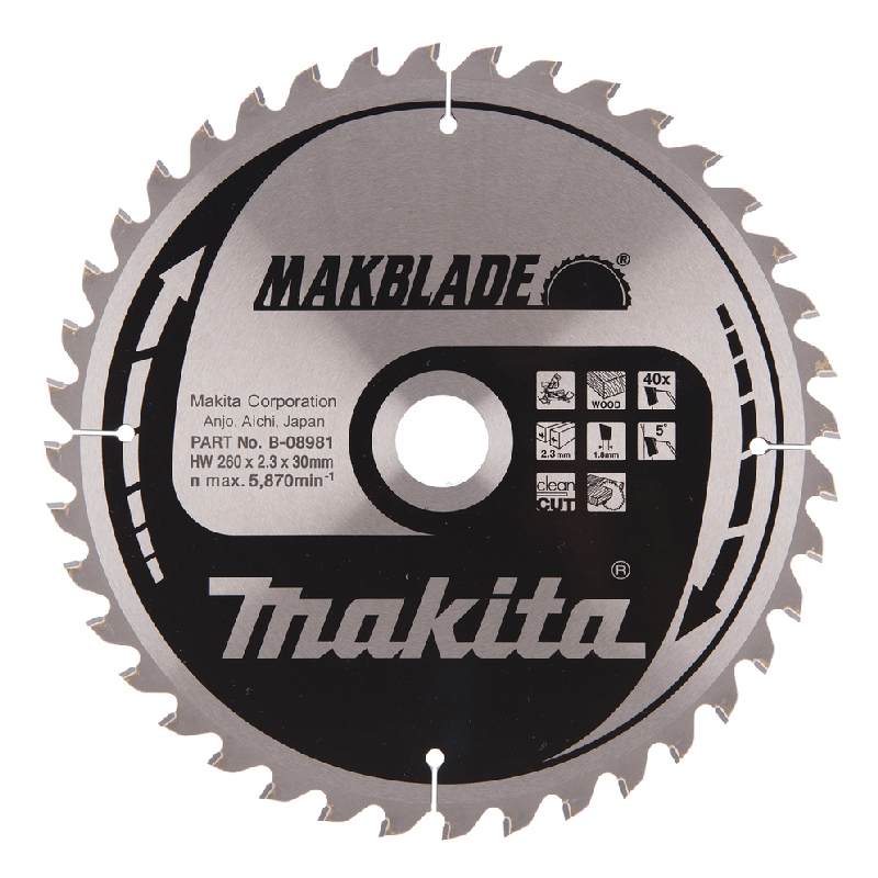 Makita B-08981, Circular saw blade, Makblade T.C.T, 260 x 30 mm, 40 T