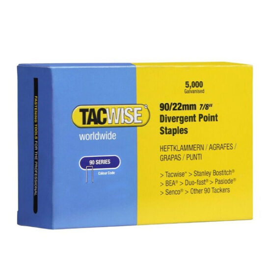 Tacwise Type 90/22mm Divergent Point Narrow Crown Staples, Box of 5000