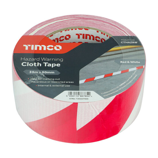 TimCO CTHAZRW Hazard Warning Cloth Tape - Red and White 33m x 50mm